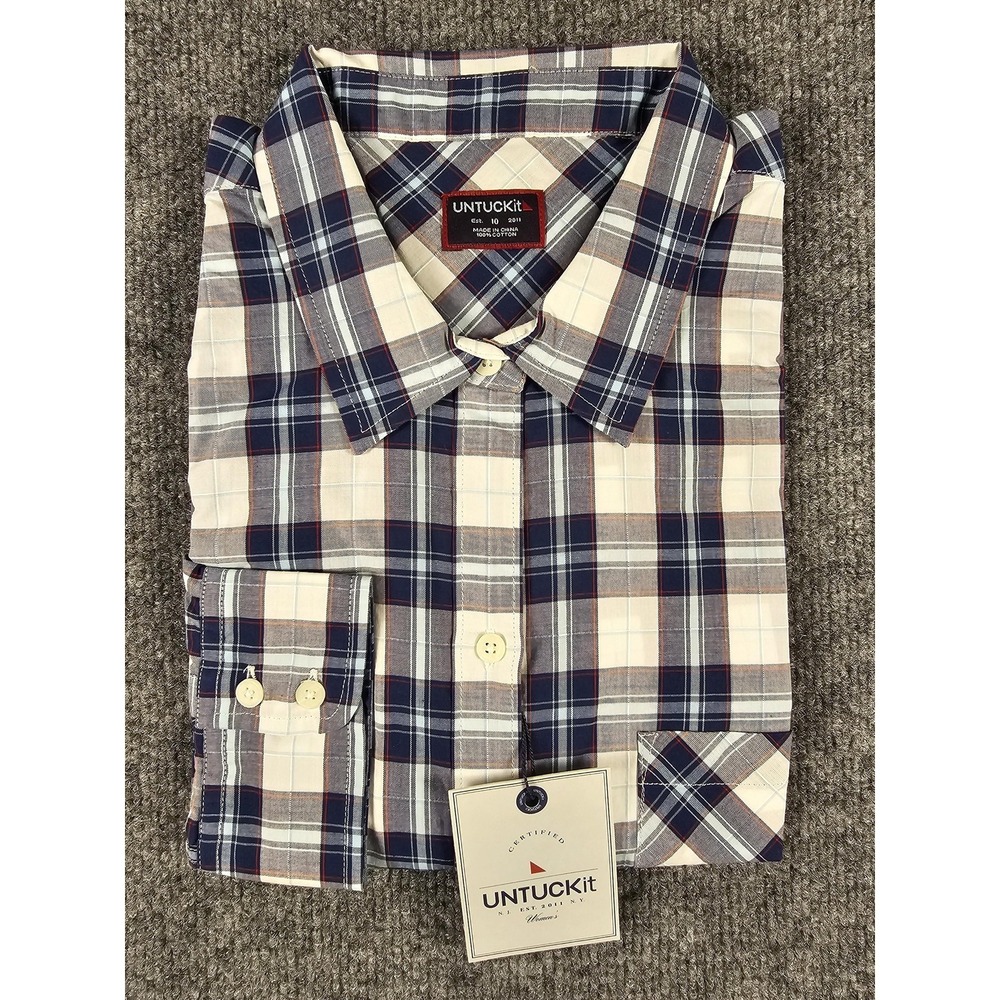 UNTUCKit Shirt Womens Size 10 Blue Red Plaid Button Down Long Sleeve Regular Fit